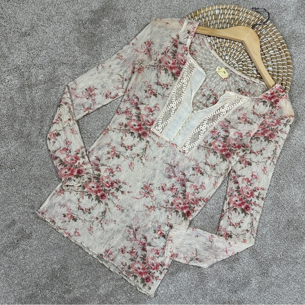 Denim & Supply Ralph Lauren Henley Sheer Lace Delicate Floral Top Cottagecore SP